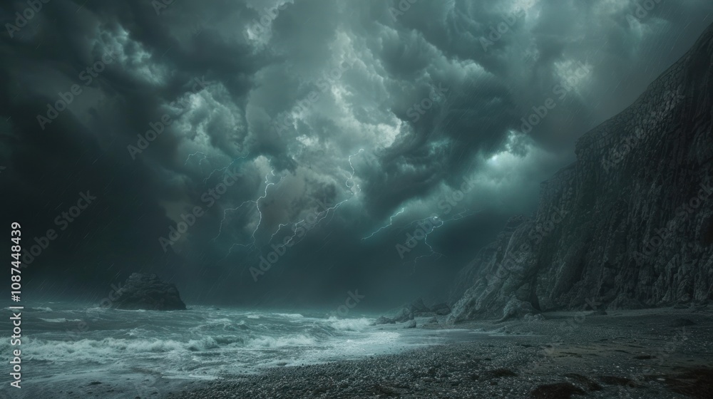Dramatic stormy sky over a rocky beach with churning waves. Dramatic stormy sky over a rocky beach with churning waves.
