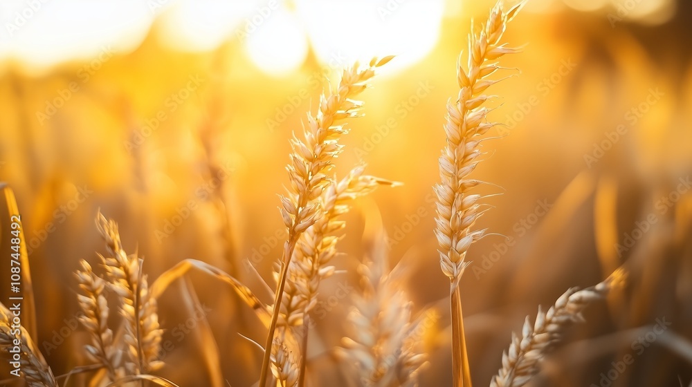 Obraz premium Golden wheat stalks swaying gently in the breeze at sunset in a serene field during autumn harvest season