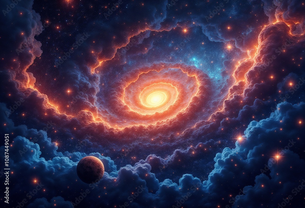 Obraz premium Vivid spiral galaxy surrounded by colorful clouds and a distant planet in a cosmic scene