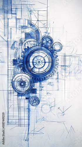 Blueprints: Mechanical Gears Sketch - Engineering Design Illustration