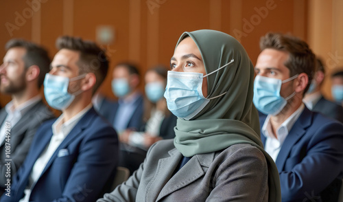 International conference, businessmen and diplomats are sitting in masks in the hall photo