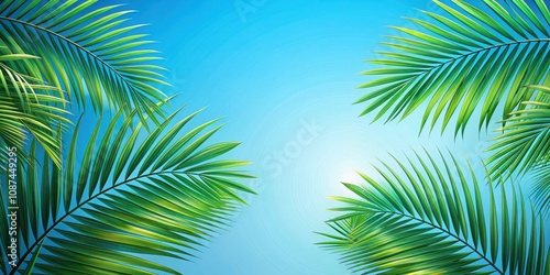 A vibrant blue sky framed by lush green palm fronds, a scene of natural beauty and tropical serenity