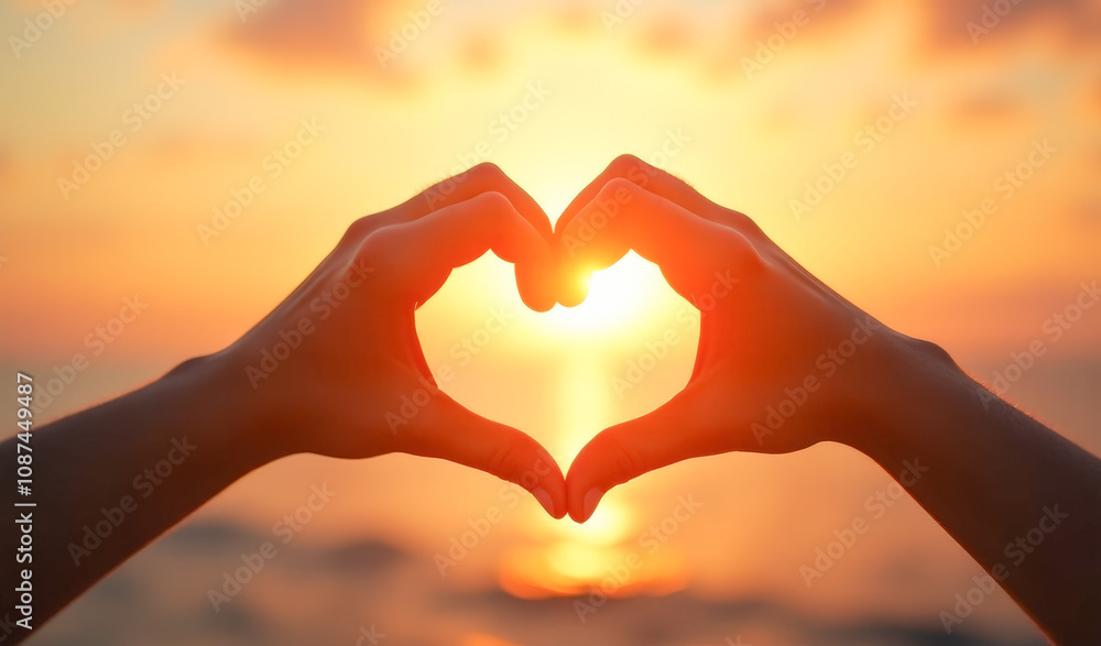 Two hands with fingers make the shape of a heart, at sunset, sunrise Two hands with fingers make the shape of a heart, at sunset, sunrise