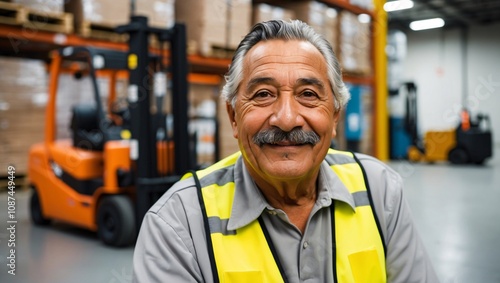 Captivating Portrait of an Elderly Hispanic Male Worker with a Warm Expression in a Warehouse Environment Surrounded by Forklifts and Pallet Stacks