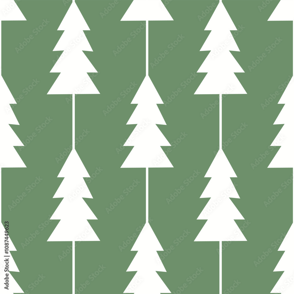 Obraz premium Christmas wrap. Seamless pattern of white Christmas trees on green background. Minimalistic scandinavian design, perfect for wrapping paper, wallpapers, holiday decor, textile. Vector illustration.