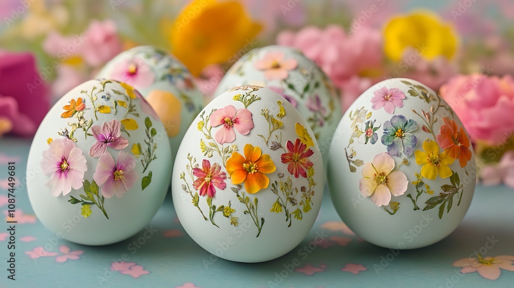 Unique Easter eggs with pressed flower decorations arranged on a spring-themed background , Unique Easter eggs with pressed flower decorations arranged on a spring-themed background ,