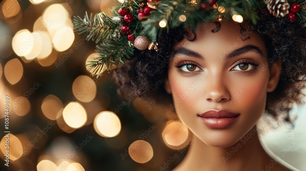 Elegant Christmas Glam: A woman’s beauty shot highlighting her festive makeup and a lush wreath hairstyle, exuding charm and holiday spirit in a warm, inviting atmosphere. Elegant Christmas Glam: A woman’s beauty shot highlighting her festive makeup and a lush wreath hairstyle, exuding charm and holiday spirit in a warm, inviting atmosphere.