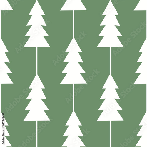 Christmas wrap. Seamless pattern of white Christmas trees on green background. Minimalistic scandinavian design, perfect for wrapping paper, wallpapers, holiday decor, textile. Vector illustration.