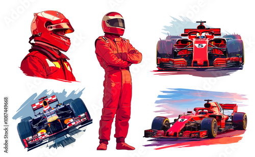 Racer in red overalls. racing sports car, pilot race speed competition formula 1 dangerous fast extreme sport concept set vector illustration