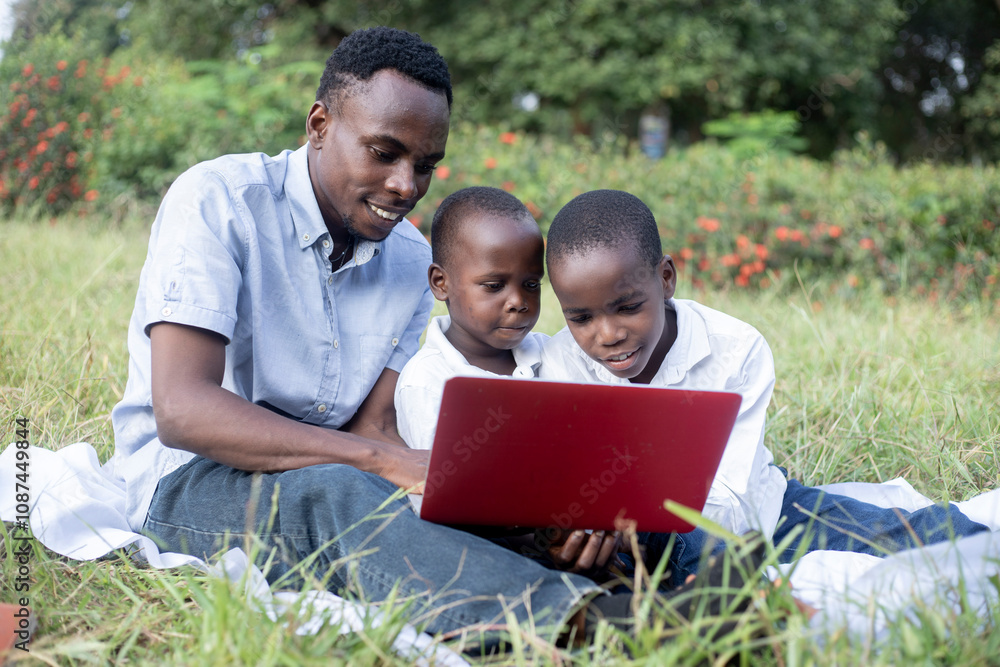 A father and his two sons are sitting on grass in a park, using with a laptop for online classes. This image captures the essence of family bonding and outdoor learning. A father and his two sons are sitting on grass in a park, using with a laptop for online classes. This image captures the essence of family bonding and outdoor learning.
