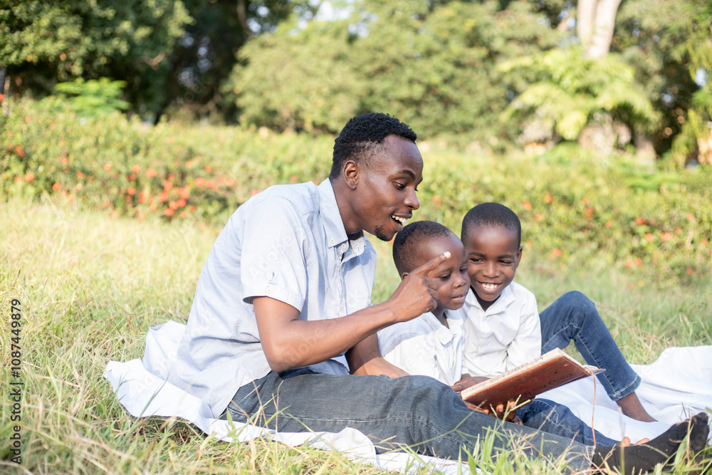 A father enjoys quality time with his young sons, reading a storybook together during a relaxing picnic in picturesque park surroundings. A father enjoys quality time with his young sons, reading a storybook together during a relaxing picnic in picturesque park surroundings.