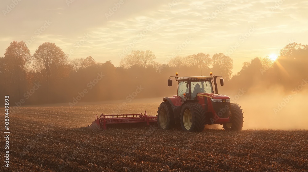 Obraz premium Tractor Working a Field at Sunrise
