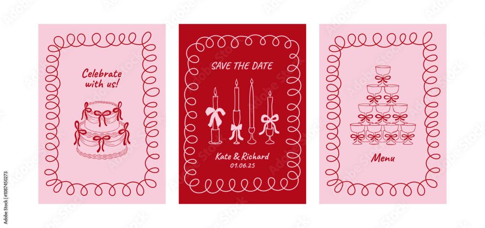 Set of wedding greeting card and invitation templates. Vector illustration of hand drawn quirky cake with ribbons, candles and champagne tower with whimsical frame Set of wedding greeting card and invitation templates. Vector illustration of hand drawn quirky cake with ribbons, candles and champagne tower with whimsical frame