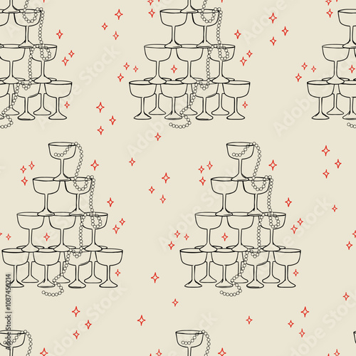 Vintage seamless pattern with champagne tower, pearl necklace and stars. Holiday vector hand drawn background with pyramid of glasses