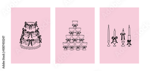 Set of minimalist vintage posters with wedding cake, candles and champagne pyramid with black bows. Vector hand drawn illustration in coquette aesthetic