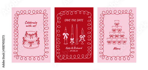 Set of wedding greeting card and invitation templates. Vector illustration of hand drawn quirky cake with ribbons, candles and champagne tower with whimsical frame