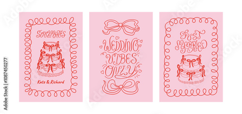 Set of wedding greeting cards and invitation templates with elegant lettering, cakes and bows. Vector illustration of hand drawn calligraphy quote wedding vibes only and quirky frames