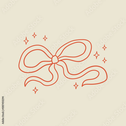 Vector outline illustration of quirky wavy bow and stars. Hand drawn whimsical ribbon in retro coquette aesthetic