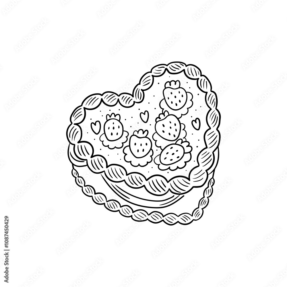 Vector illustration of heart shaped cake with strawberries in doodle sketch style. Holiday birthday, wedding, valentines day clipart Vector illustration of heart shaped cake with strawberries in doodle sketch style. Holiday birthday, wedding, valentines day clipart