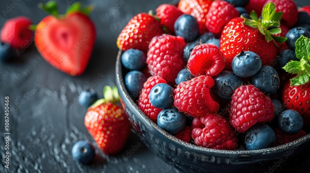 A close-up of a bowl filled with fresh strawberries, raspberries, and blueberries on a dark background. A close-up of a bowl filled with fresh strawberries, raspberries, and blueberries on a dark background.