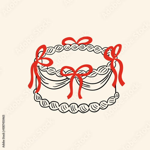 Cake with red bows. Vector illustration in vintage coquette aesthetic. Hand drawn sketch style. Clipart for holiday, birthday, wedding, valentines day