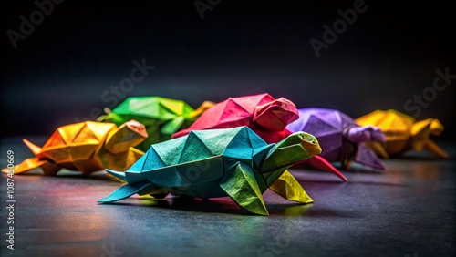 Stunning Panoramic View of an Origami Turtle Banner Isolated on a Dark Background, Showcasing the Art of Folded Paper Animal Sculpture in Intricate Detail photo