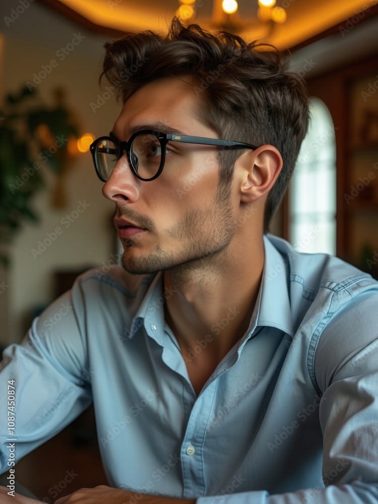 A young man with stylish glasses sits thoughtfully in a chic café. His light blue shirt complements the cozy atmosphere, with warm lighting and greenery in the background creating a relaxing vibe. A young man with stylish glasses sits thoughtfully in a chic café. His light blue shirt complements the cozy atmosphere, with warm lighting and greenery in the background creating a relaxing vibe.