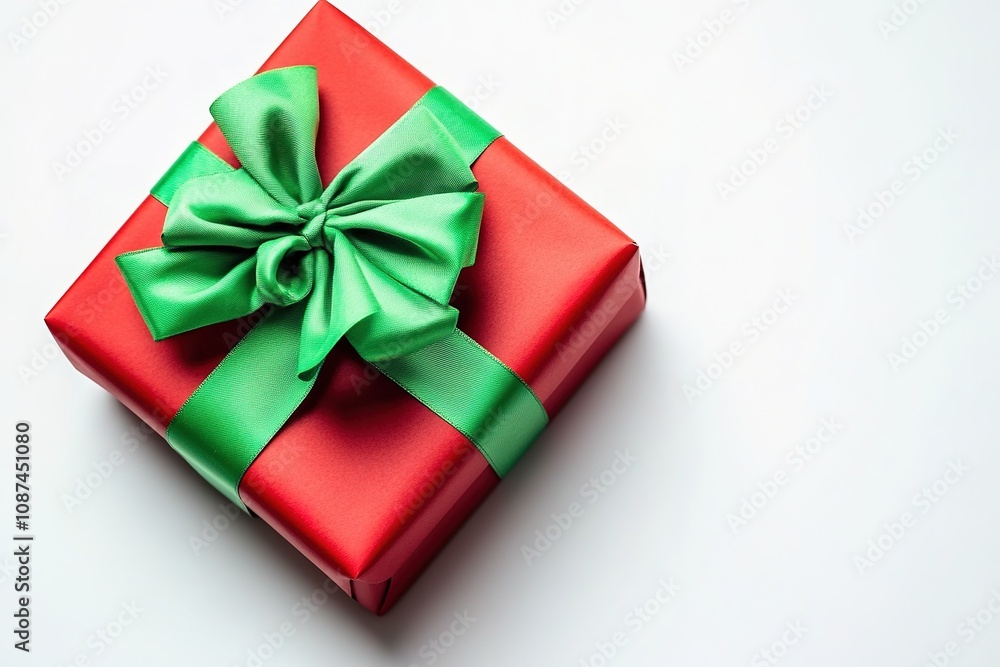 Red gift box with green ribbon on white background Red gift box with green ribbon on white background