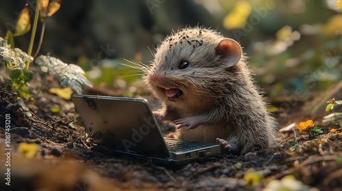 A playful mouse uses a laptop in a lush forest setting, showcasing unexpected tech-savvy in nature. photo