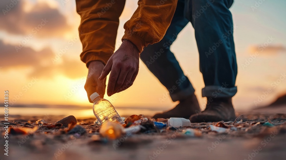 environment pollution balance concept, A person picks up a plastic bottle from a beach at sunset, highlighting the importance of environmental responsibility and clean oceans. environment pollution balance concept, A person picks up a plastic bottle from a beach at sunset, highlighting the importance of environmental responsibility and clean oceans.