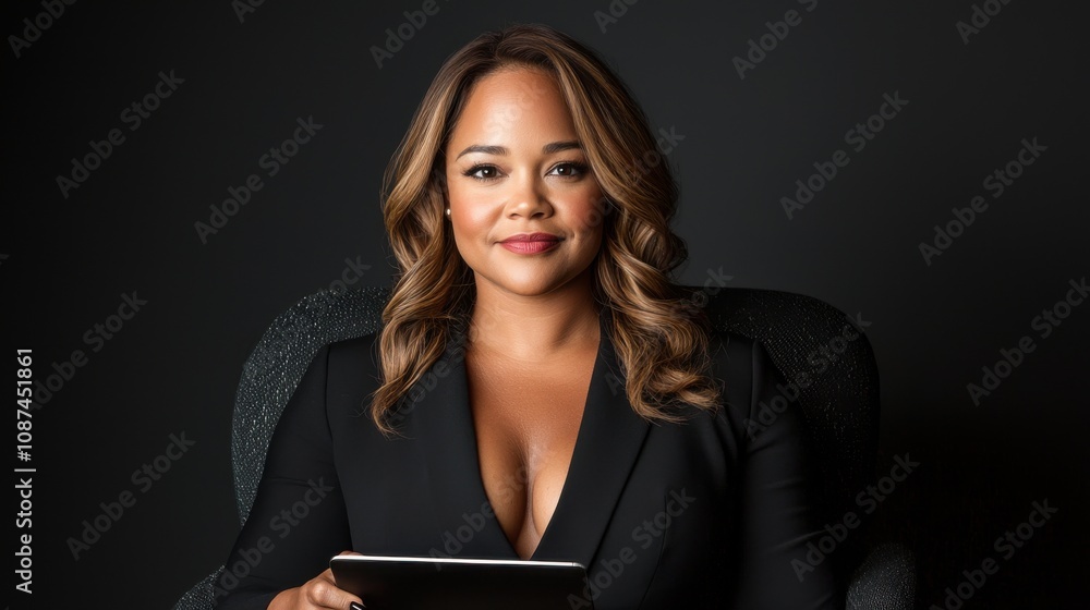 Confident Woman in Chair Holding Tablet Confident Woman in Chair Holding Tablet