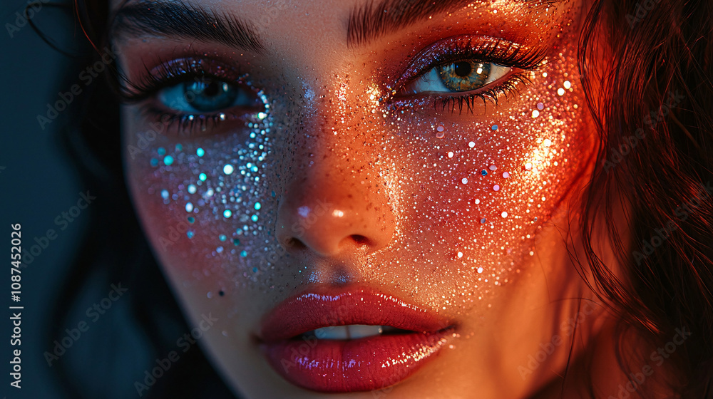 A beautiful brunette model with rhinestones on her face poses confidently, her smokey eyes and vibrant gasoline-colored makeup adding to the glamour of the portrait. A beautiful brunette model with rhinestones on her face poses confidently, her smokey eyes and vibrant gasoline-colored makeup adding to the glamour of the portrait.