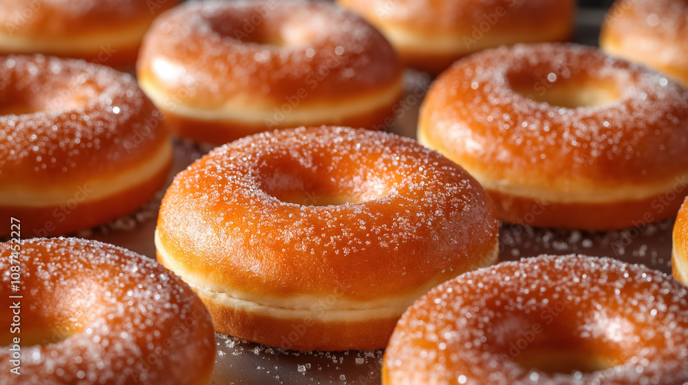 Close-up of fresh sugary glazed donuts with sparkling sugar crystals Close-up of fresh sugary glazed donuts with sparkling sugar crystals