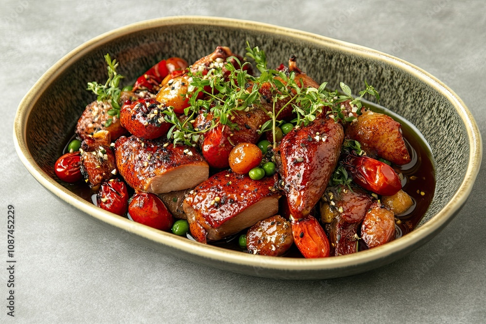 Osmanthus-infused Crispy Roasted Duck served in a dish isolated on grey background Osmanthus-infused Crispy Roasted Duck served in a dish isolated on grey background