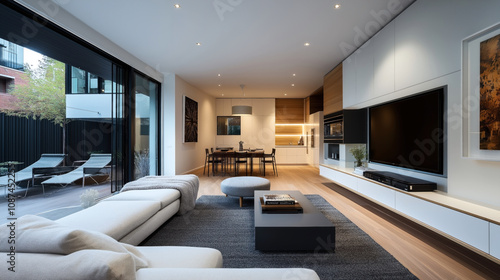 Modern open-concept living and dining area with minimalistic design, featuring a large sectional sofa, entertainment setup, and dining table, adjacent to a patio with lounge chairs.