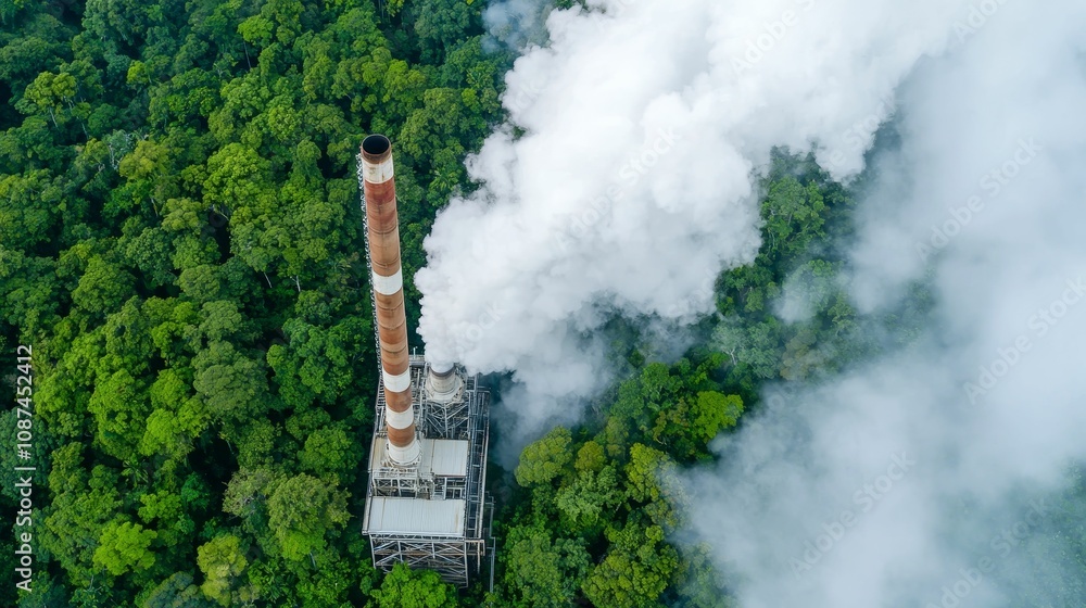 environment pollution balance concept, Aerial view of a smokestack releasing emissions into a dense forest, highlighting the contrast between industrial activity and natural environment. environment pollution balance concept, Aerial view of a smokestack releasing emissions into a dense forest, highlighting the contrast between industrial activity and natural environment.