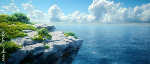 A serene coastal view featuring lush greenery against a tranquil blue ocean and cloudy sky. photo