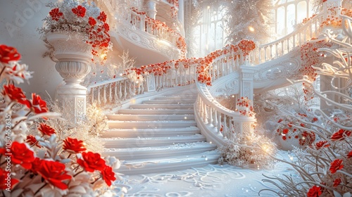 Winter marble stairs and arches with flower and leaves garlands, fantasy fairy palace, heaven stone stair with floral decorations, fairytale princess castle interior, AI generated image