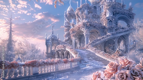Winter marble stairs and arches with flower and leaves garlands, fantasy fairy palace, heaven stone stair with floral decorations, fairytale princess castle interior, AI generated image