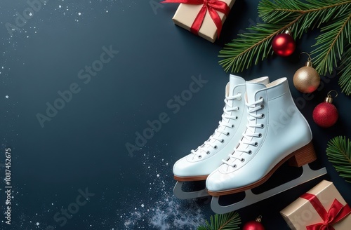 White ice skates surrounded by Christmas decorations on a dark blue background with copy space. Winter holiday and festive season concept. Design for greeting card, banner, invitation, or poster photo