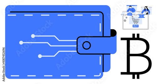 Digital wallet with circuit pattern, bitcoin symbol, and online shopping cart. Ideal for cryptocurrency, online transactions, fintech, digital finance, e-commerce blockchain security. Line metaphor