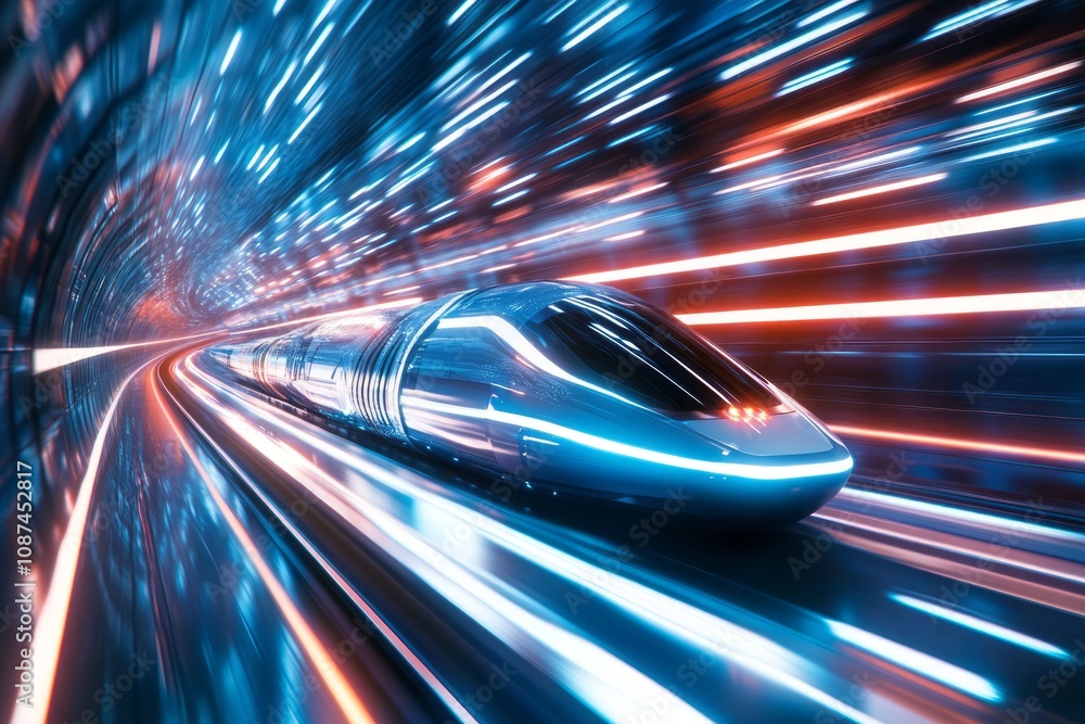 A streamlined futuristic train speeding through a glowing city tunnel. A streamlined futuristic train speeding through a glowing city tunnel.