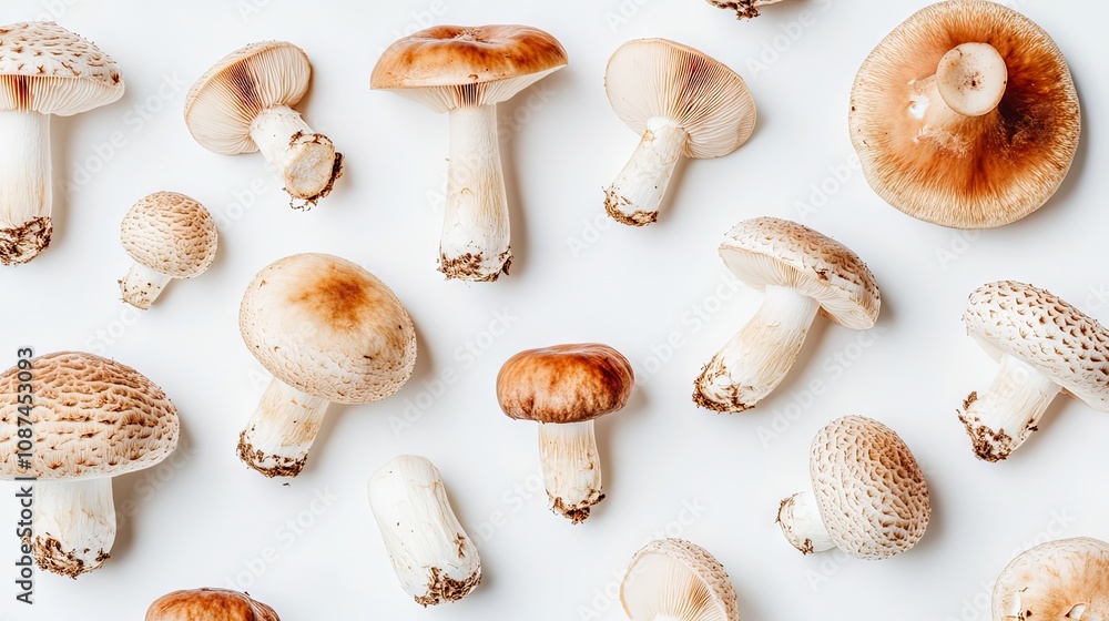 Mushroom Pattern on White Background: A Culinary Still Life Mushroom Pattern on White Background: A Culinary Still Life