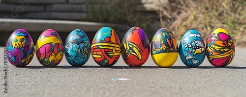 Vibrant Easter eggs with bold graffiti-style artwork displayed on a concrete surface ,