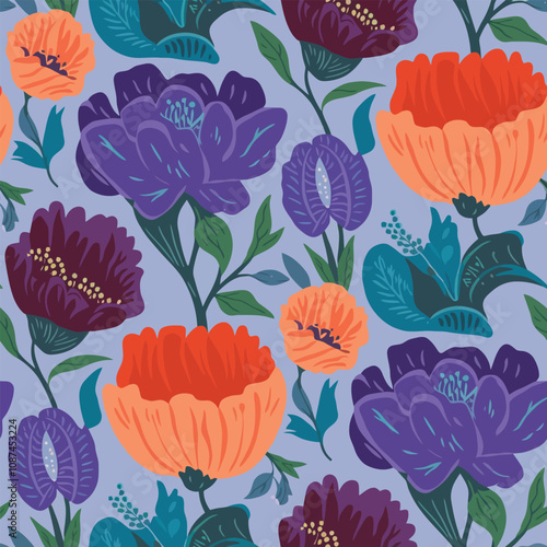 Floral pattern featuring colorful blooms and leaves in a seamless design