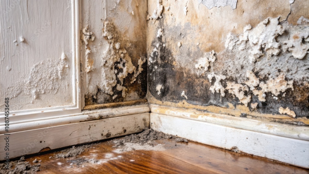 Obraz premium Mold Growth in the Corner of a Room, a Sign of Water Damage and Potential Health Risks