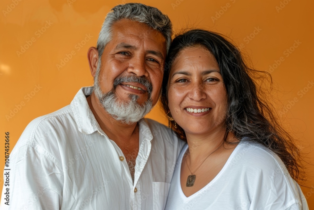 Portrait of a joyful latino couple in their 40s wearing a simple cotton shirt in front of pastel orange background Portrait of a joyful latino couple in their 40s wearing a simple cotton shirt in front of pastel orange background