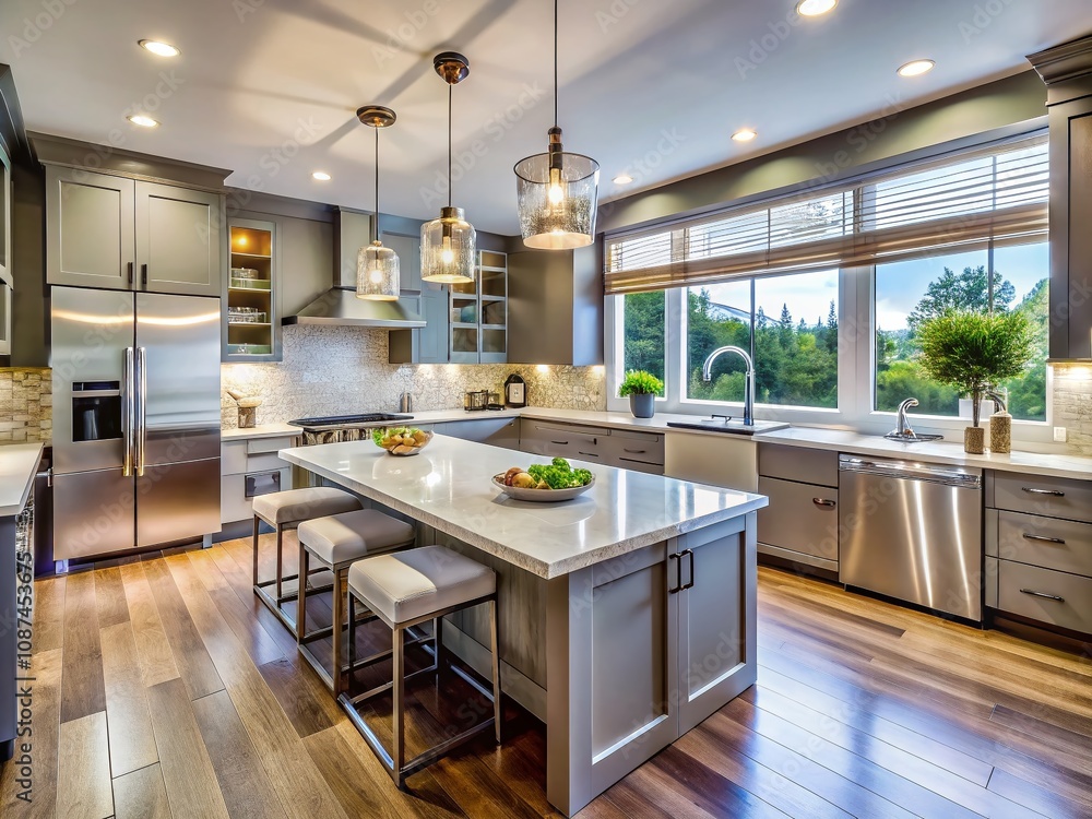Stunning Renovated Home Kitchen Interior Showcasing Modern Stainless Steel Appliances and Elegant Quartz Stone Countertops for a Contemporary Living Space Stunning Renovated Home Kitchen Interior Showcasing Modern Stainless Steel Appliances and Elegant Quartz Stone Countertops for a Contemporary Living Space