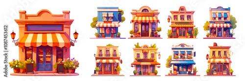 restaurant facade cartoon. building cafe shop bakery front view, veranda showcase canopy entrance flowers summer classic architecture street two-story city set vector illustration