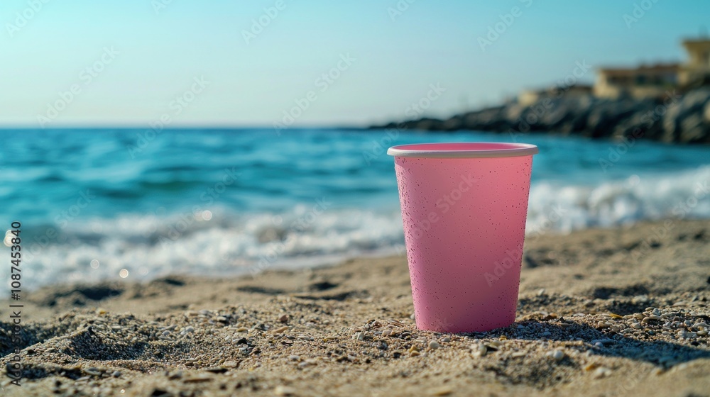 Empty plastic cup discarded on a sandy beach, symbolizing environmental impact Empty plastic cup discarded on a sandy beach, symbolizing environmental impact